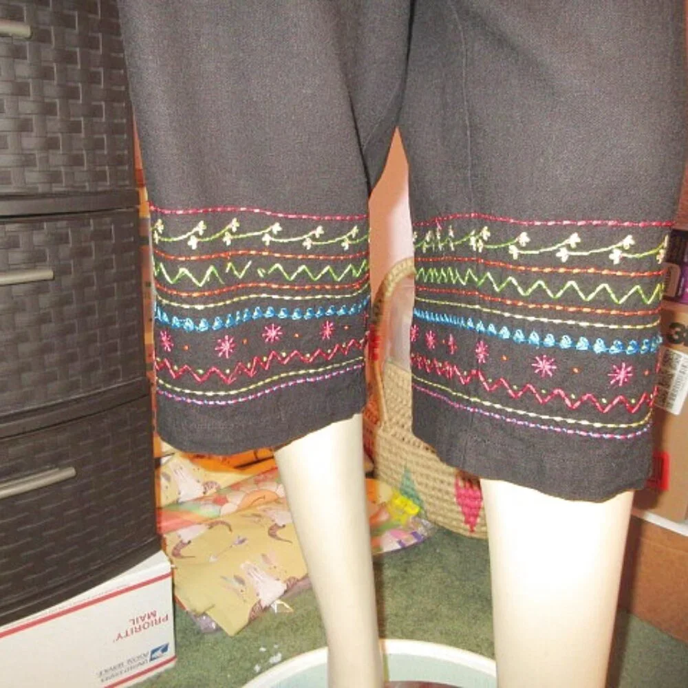 Stonebridge Embroidered Pull On Pants Size L P Pockets Linen Blend Capri High